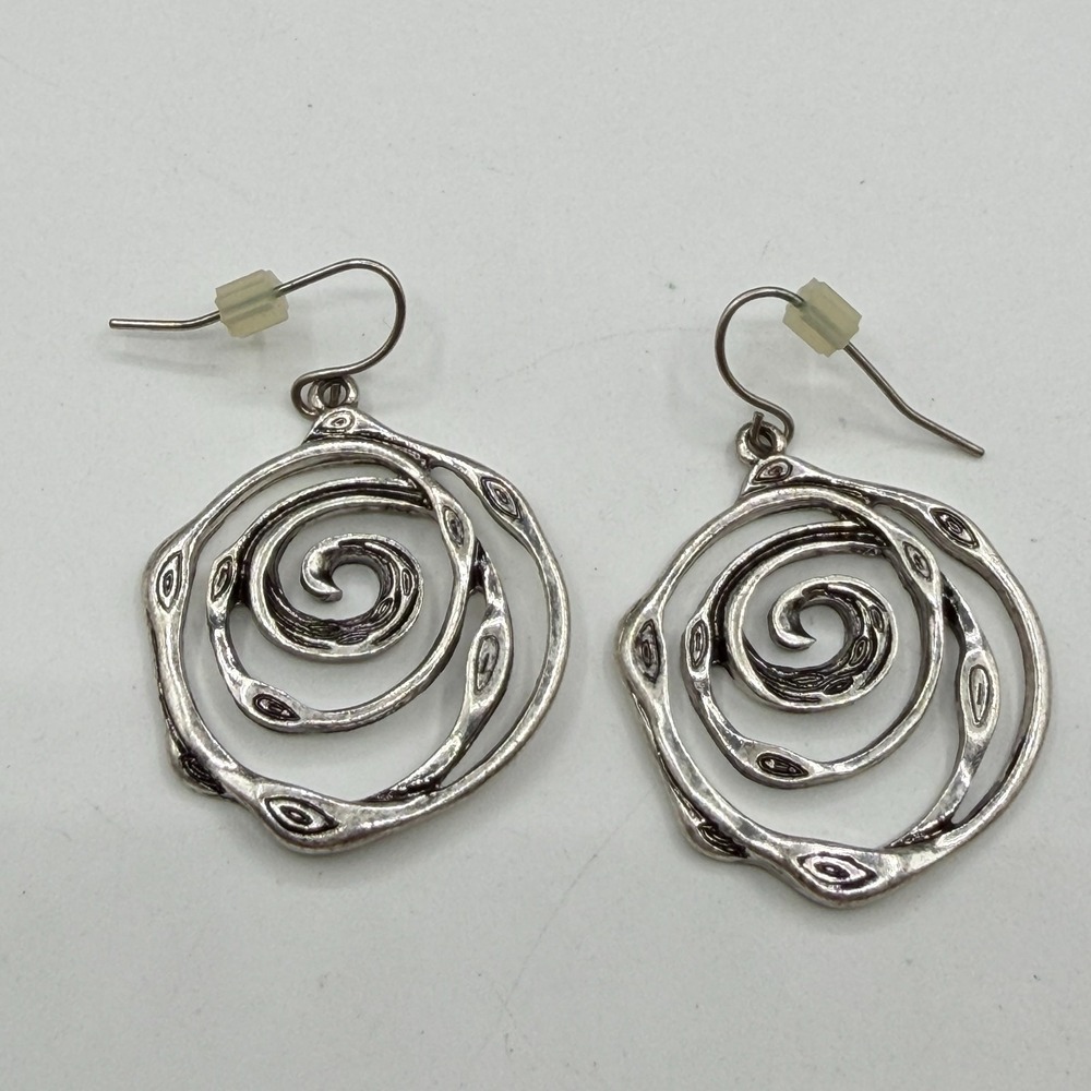 Silver Tone Spiral Coil Drop Earrings Abstract Eye Swirl Dangle Boho PiercedSilv